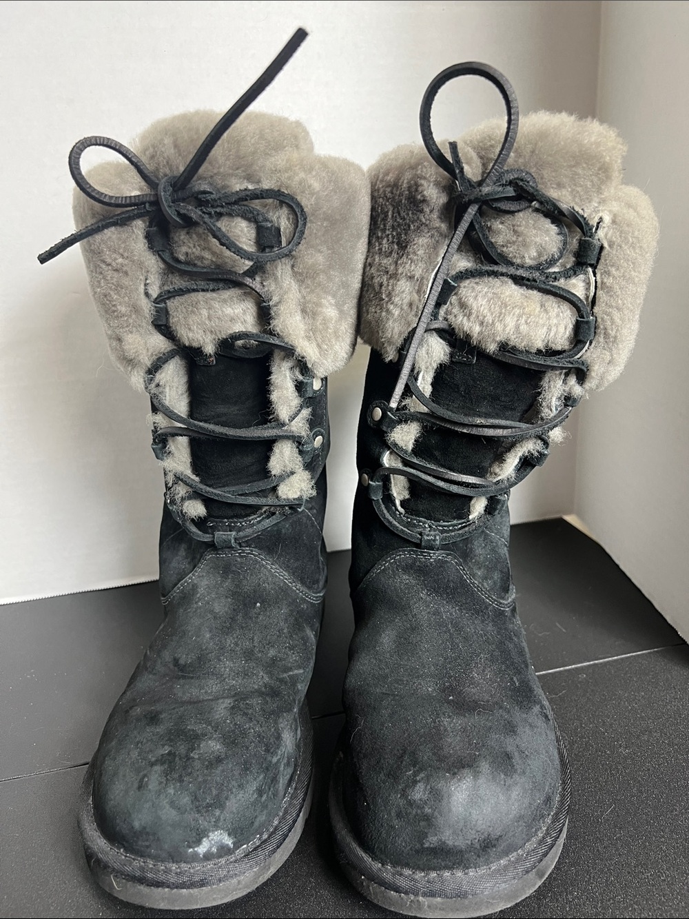 UGG Black Suede Lace-Up Shearling Winter Boots
